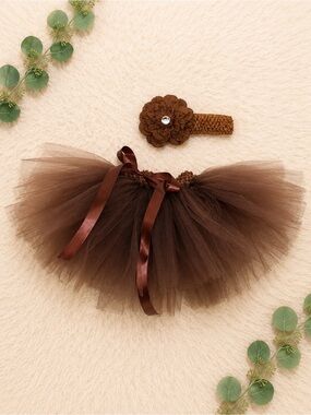 Newborn Brown Tulle Baby Girl Tutu Skirt with Flower Headband